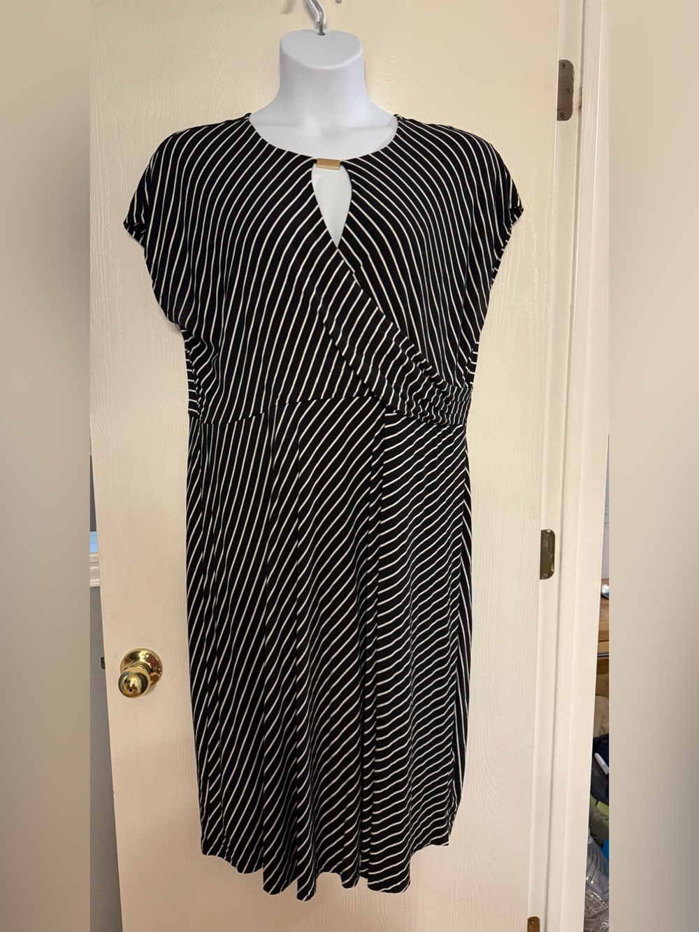 Black and White Striped Midi Dress with Keyhole Detail